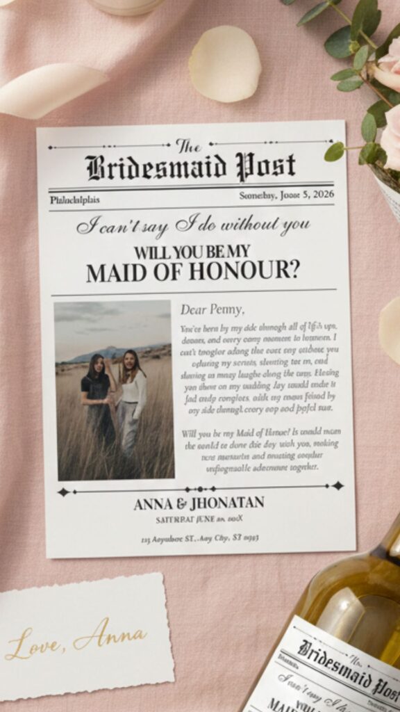 Bridesmaid proposal card newspaper vintage