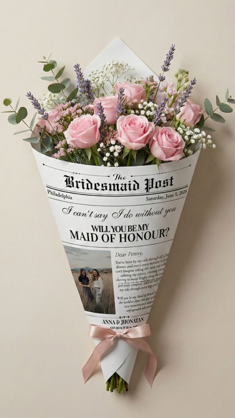 newspaper flower bouquet bridesmaid proposal